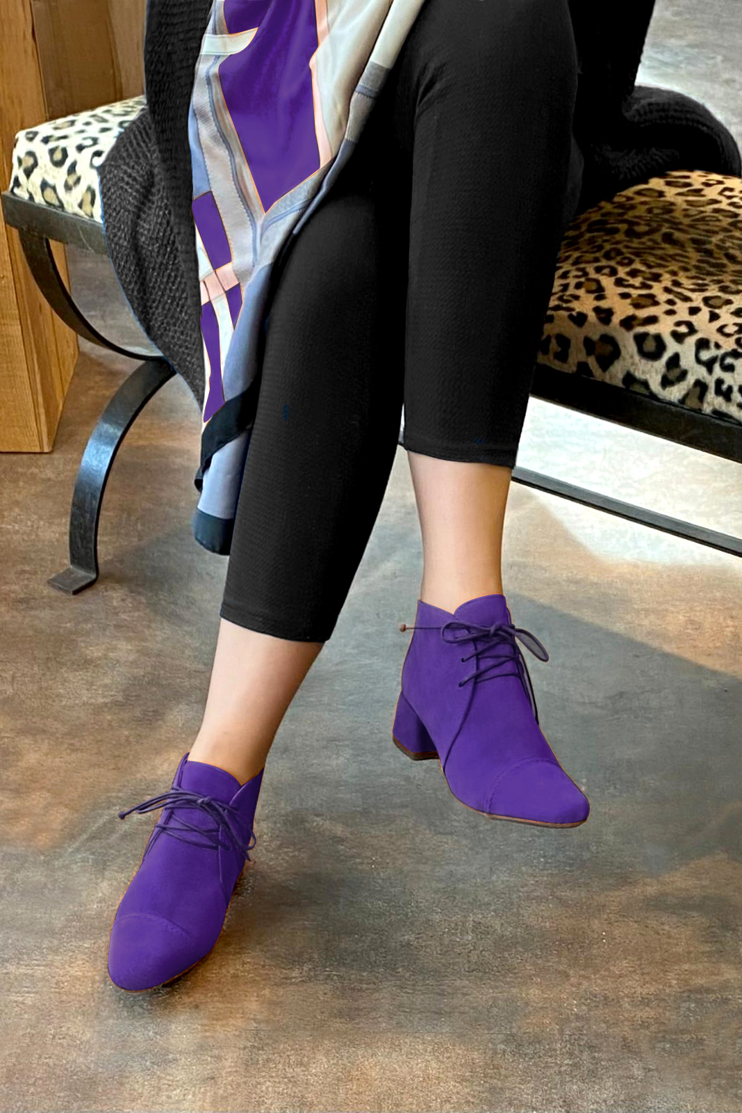 Violet purple women's ankle boots with laces at the front. Round toe. Low flare heels. Worn view - Florence KOOIJMAN